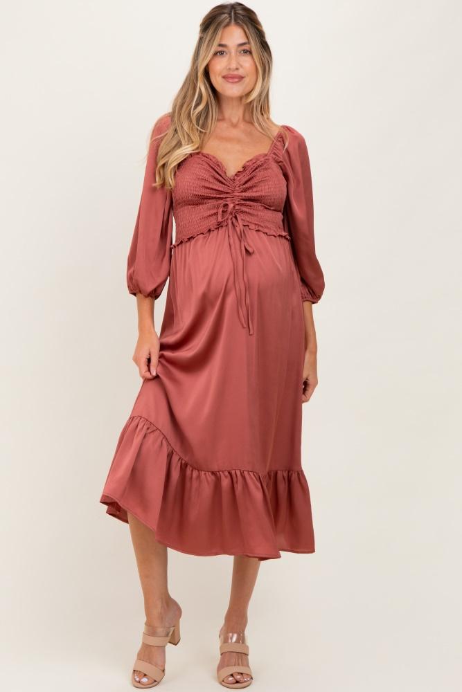 mauve satin smocked cinched bust maternity midi dress