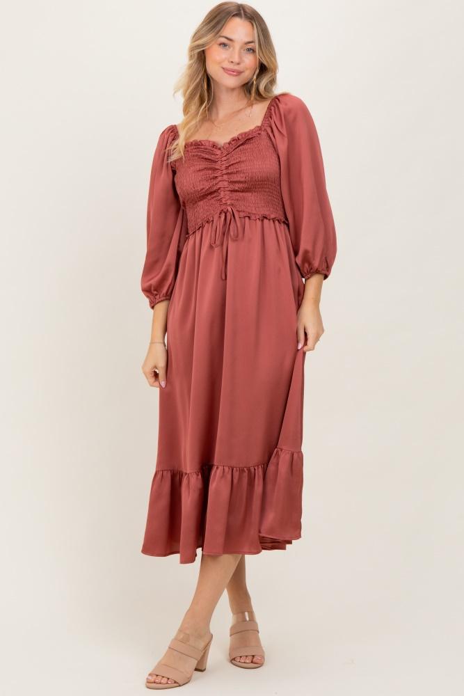 mauve satin smocked cinched bust midi dress