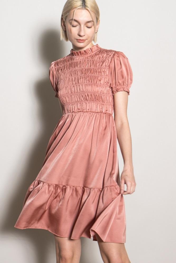 mauve satin smocked mock neck dress
