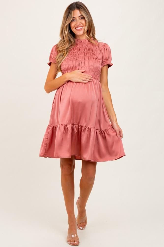 mauve satin smocked mock neck maternity dress