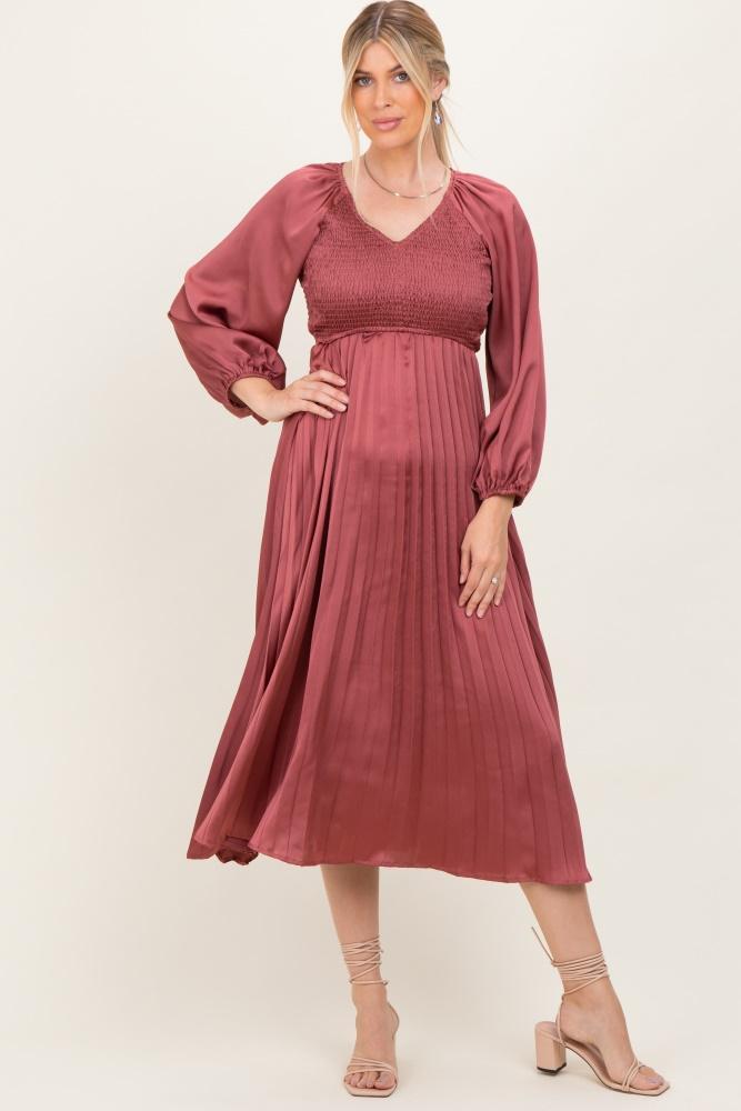 mauve satin smocked pleated midi dress