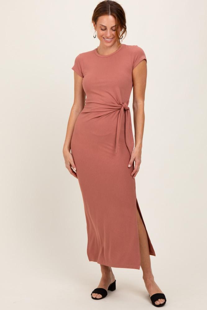 mauve side knot tie short sleeve midi dress