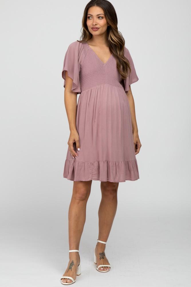 mauve smocked front ruffle hem maternity dress