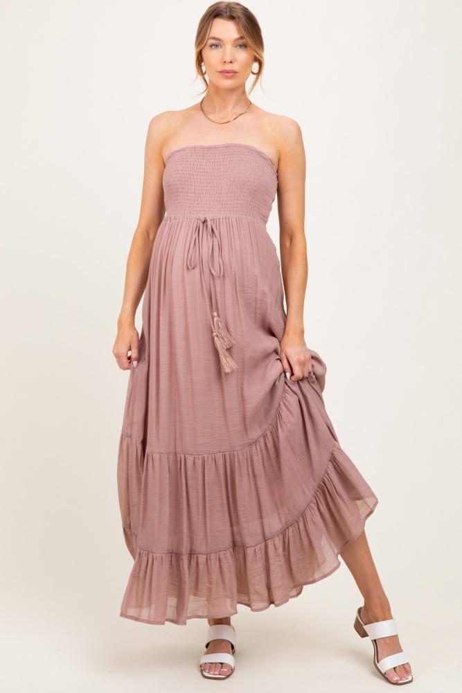 mauve smocked strapless front tie maternity maxi dress