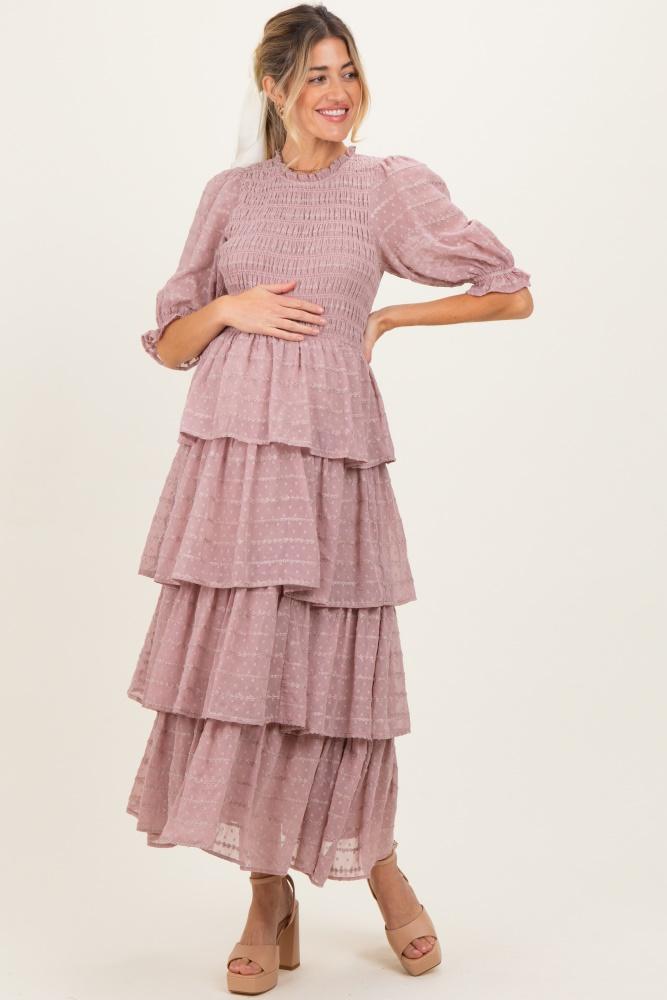 mauve smocked swiss dot tiered maternity maxi dress
