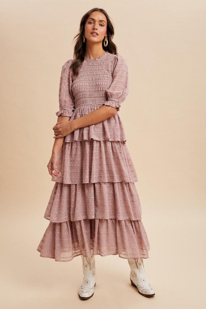 mauve smocked swiss dot tiered maxi dress
