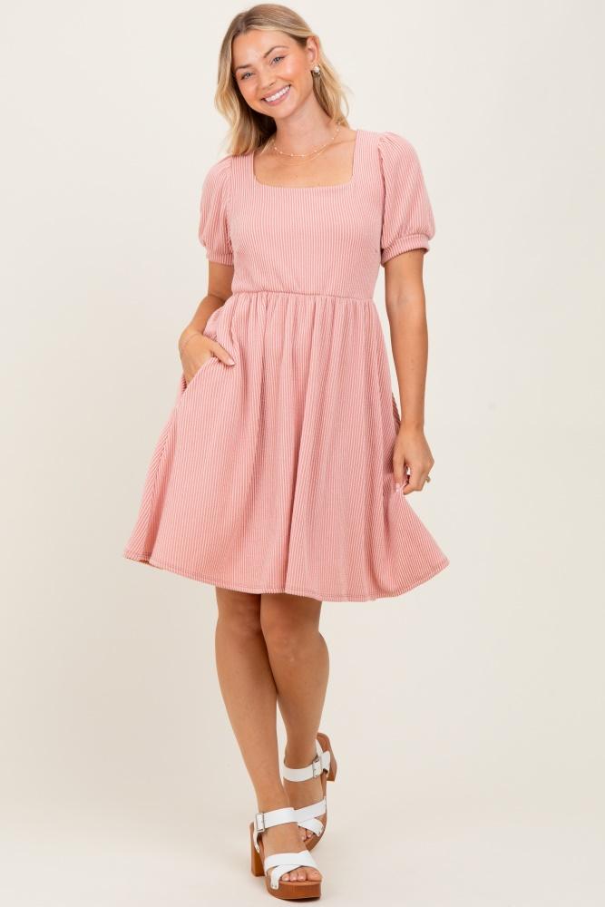 mauve square neck puff sleeve rib babydoll dress