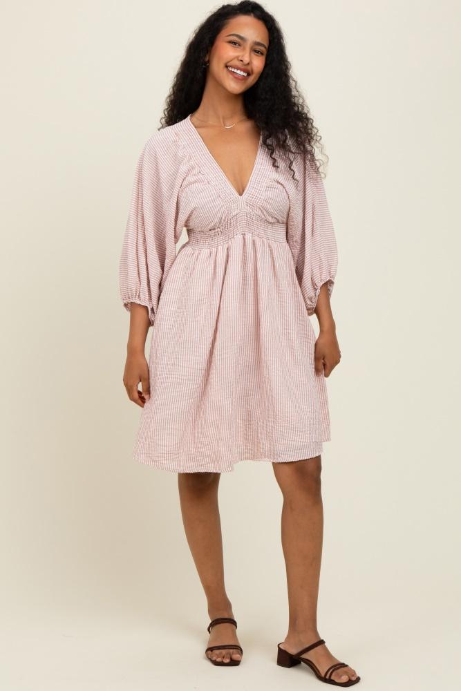 mauve striped balloon sleeve v-neck dress