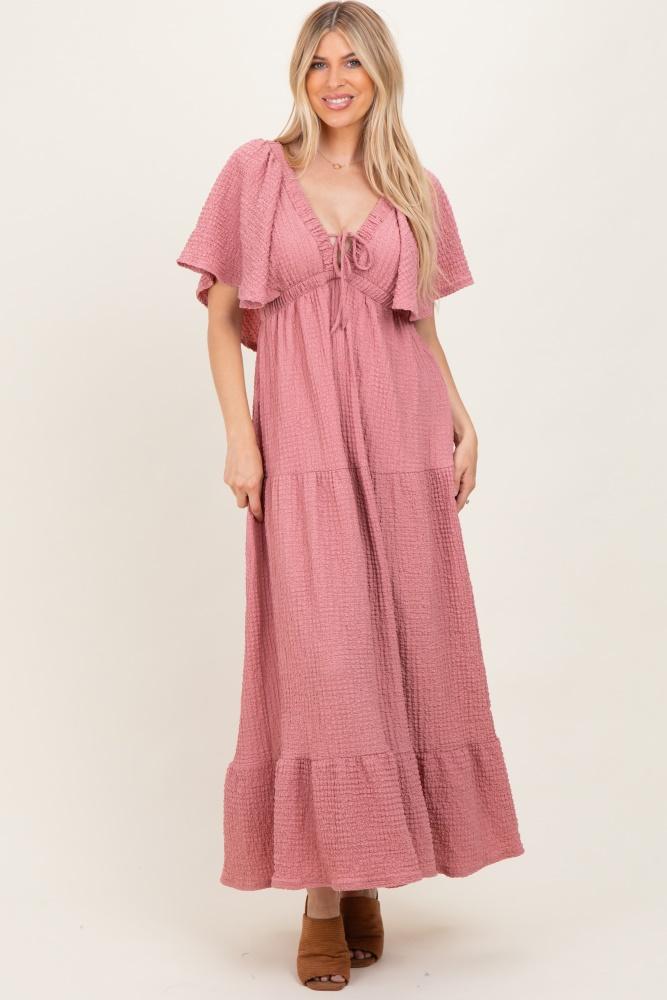 mauve textured flutter sleeve v-neck tiered maxi dress