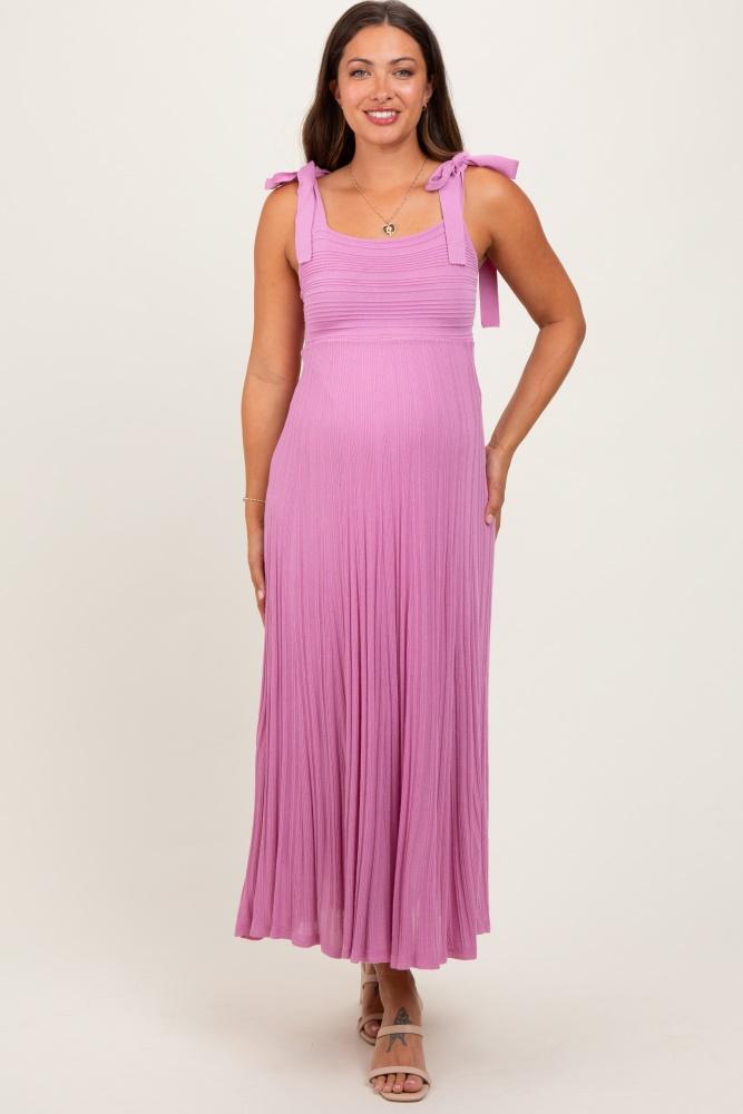 mauve textured knit shoulder tie maternity midi dress