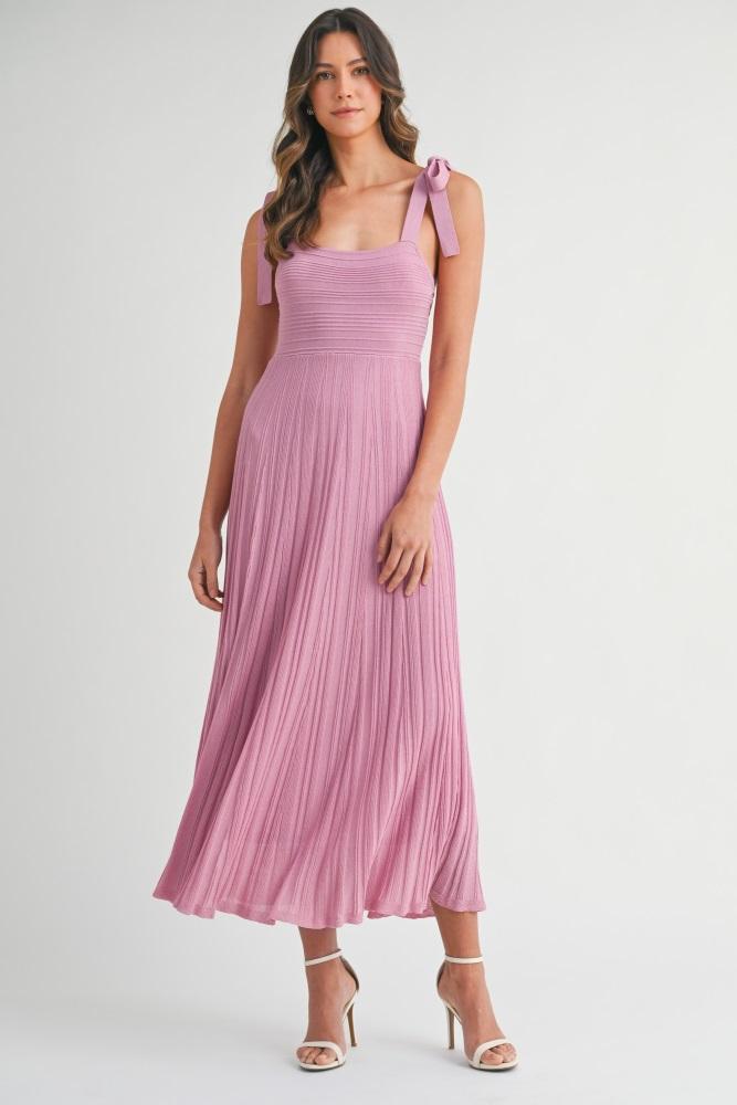 mauve textured knit shoulder tie midi dress