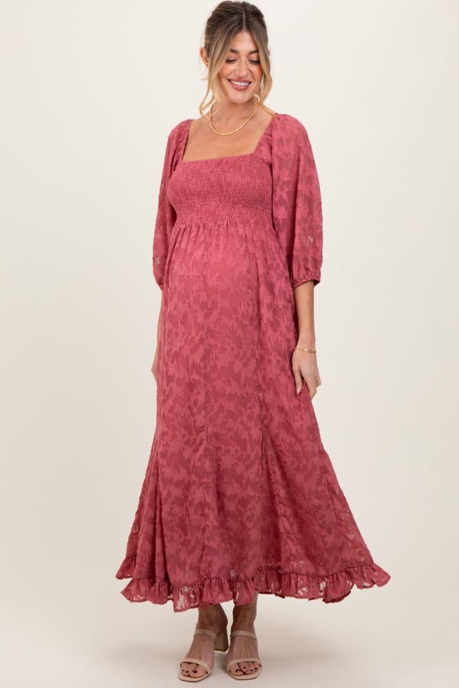 mauve textured overlay smocked ruffled hem maternity maxi dress