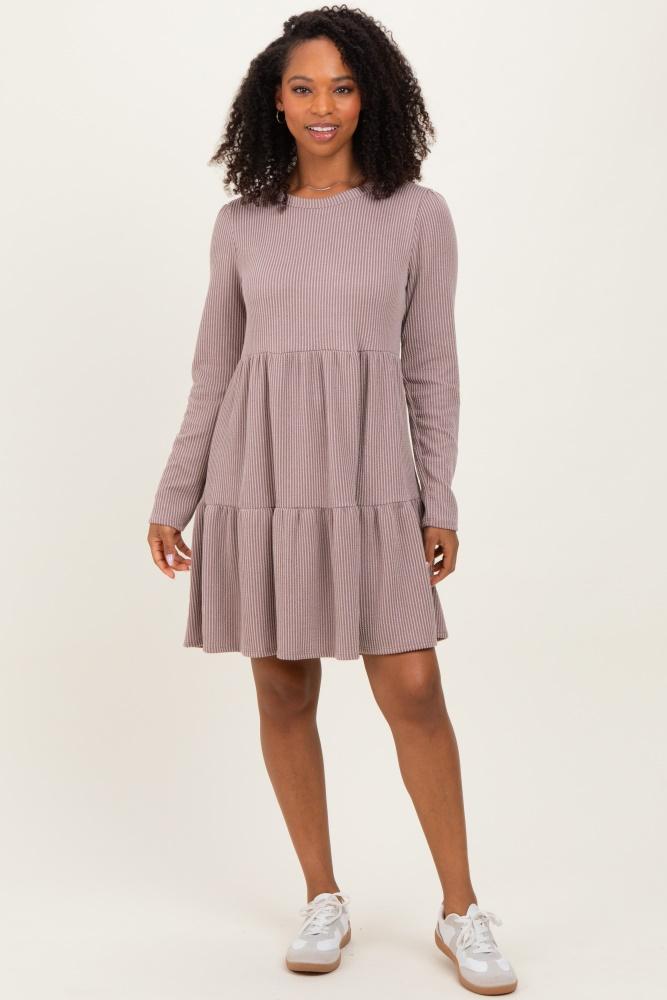 mauve textured rib tiered long sleeve dress