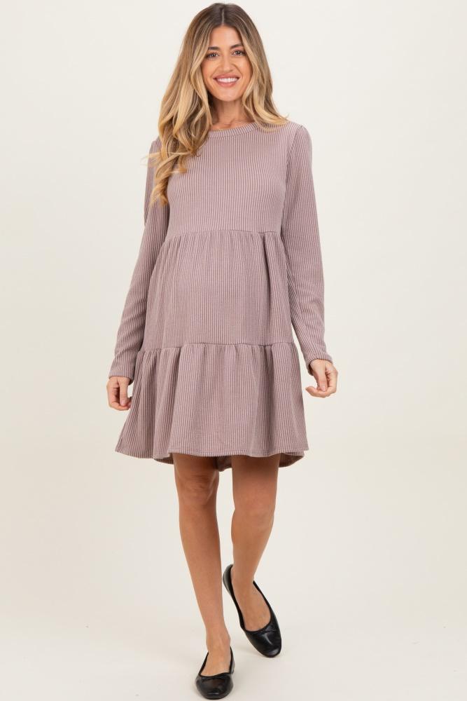 mauve textured rib tiered long sleeve maternity dress