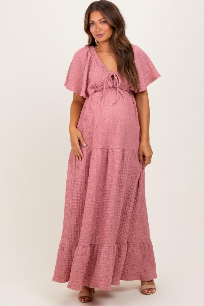 mauve woven textured flutter sleeve v-neck tiered maternity maxi dress