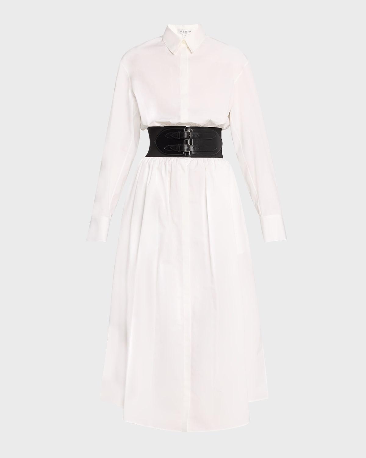 maxi button-front shirtdress with leather belt