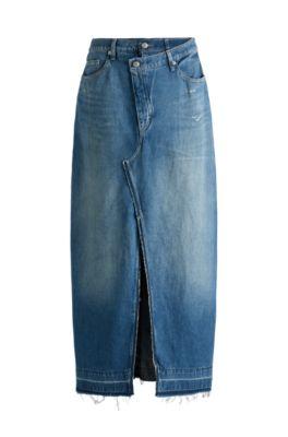 maxi-length denim skirt with front slit- blue women's casual skirts