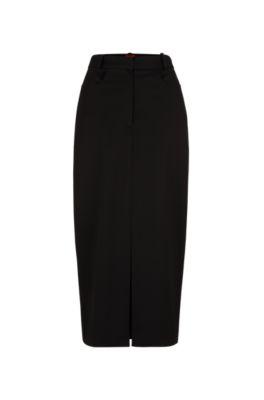 maxi skirt with high front slit in stretch fabric- black women's business skirts