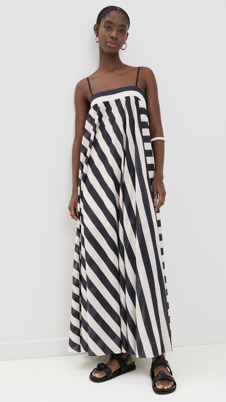 Zimmermann Maxine Stripe Maxi Dress Zimmermann Maxine Stripe Maxi Dress – A cotton maxi dress featuring a fitted bust with shirred back panel and centre back invisible zip closure.