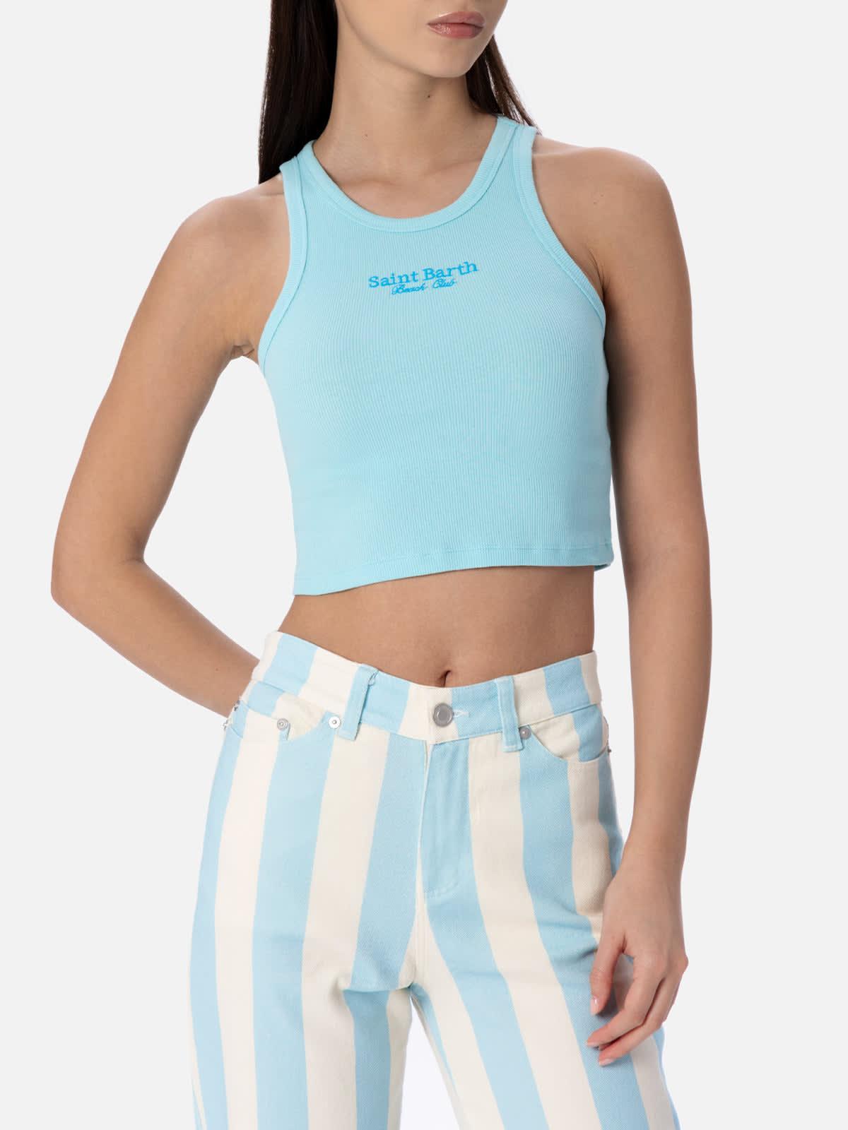 mc2 saint barth blue ribbed cotton crop top with saint barth beach club embroidery