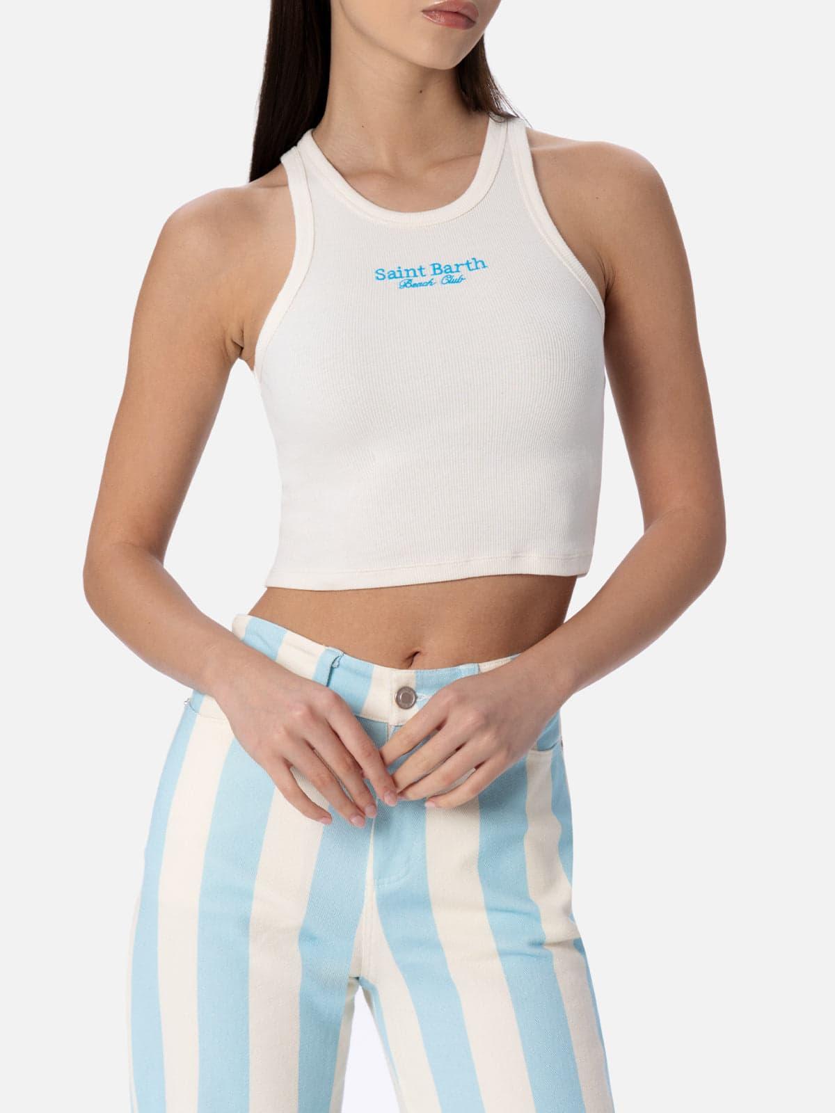 mc2 saint barth blue white ribbed cotton tank top with st. barth beach club embroidery