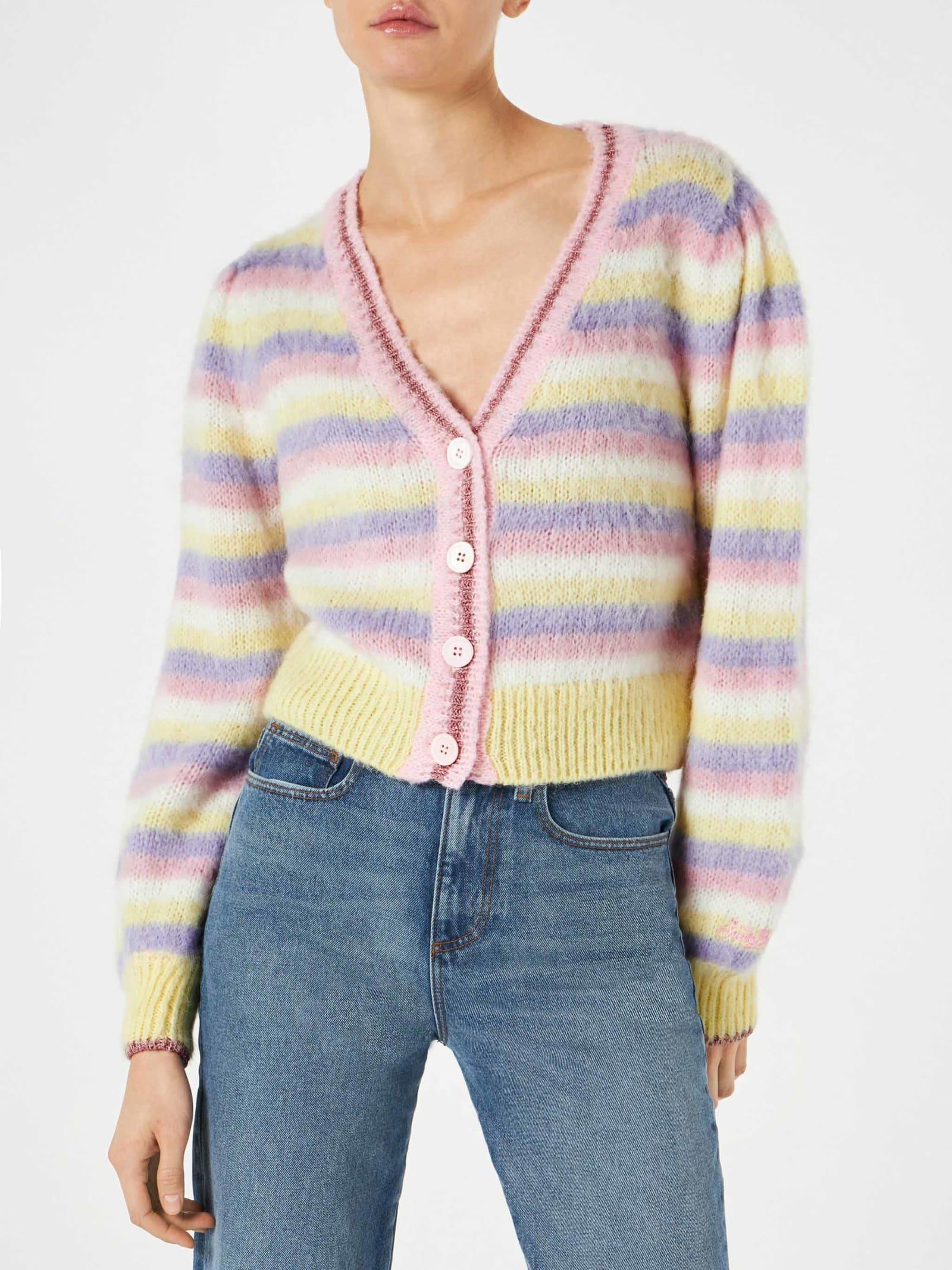 mc2 saint barth brushed knit crop cardigan with puff sleeves and lurex details