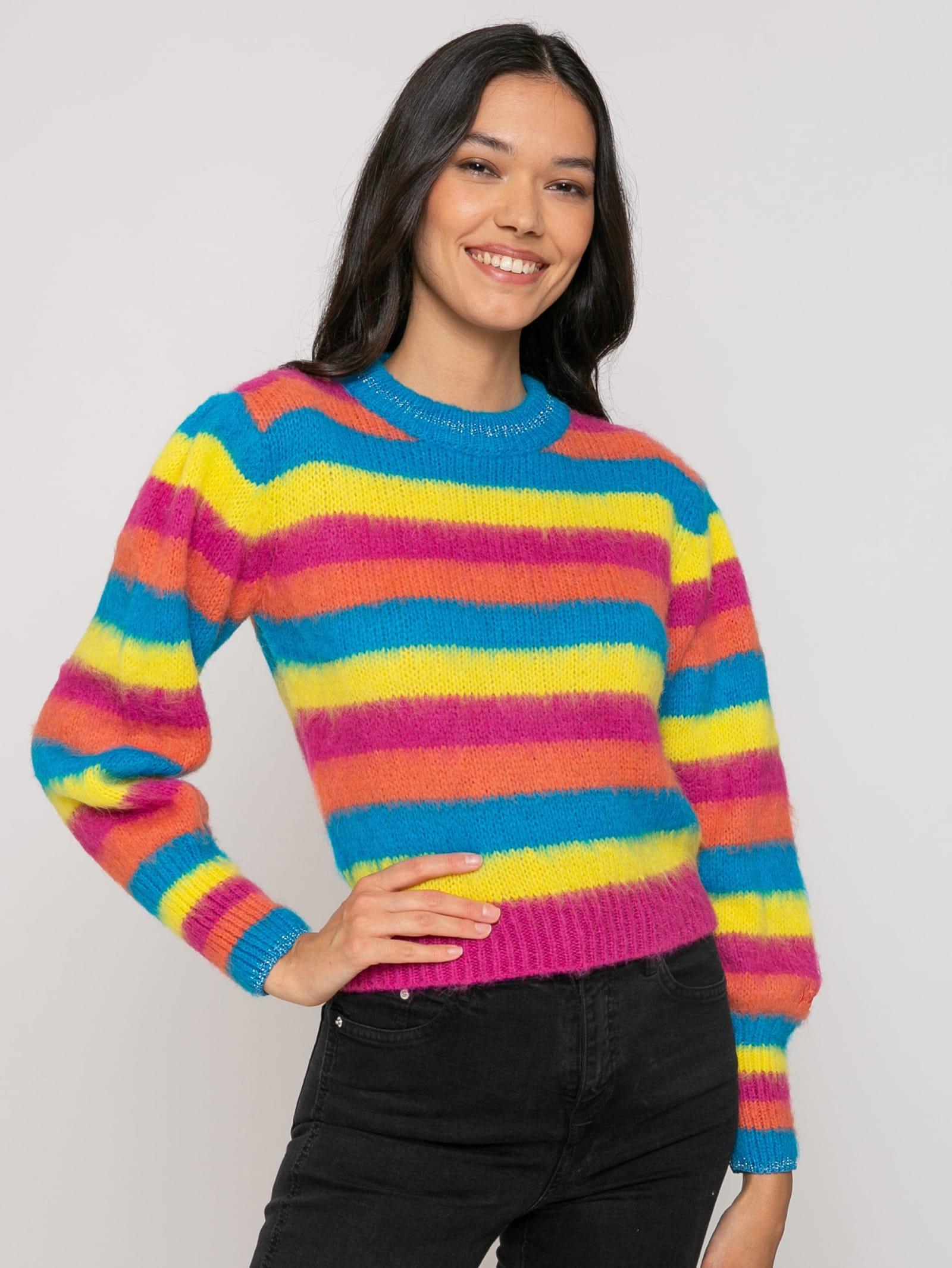mc2 saint barth brushed knit striped sweater with puff sleeves