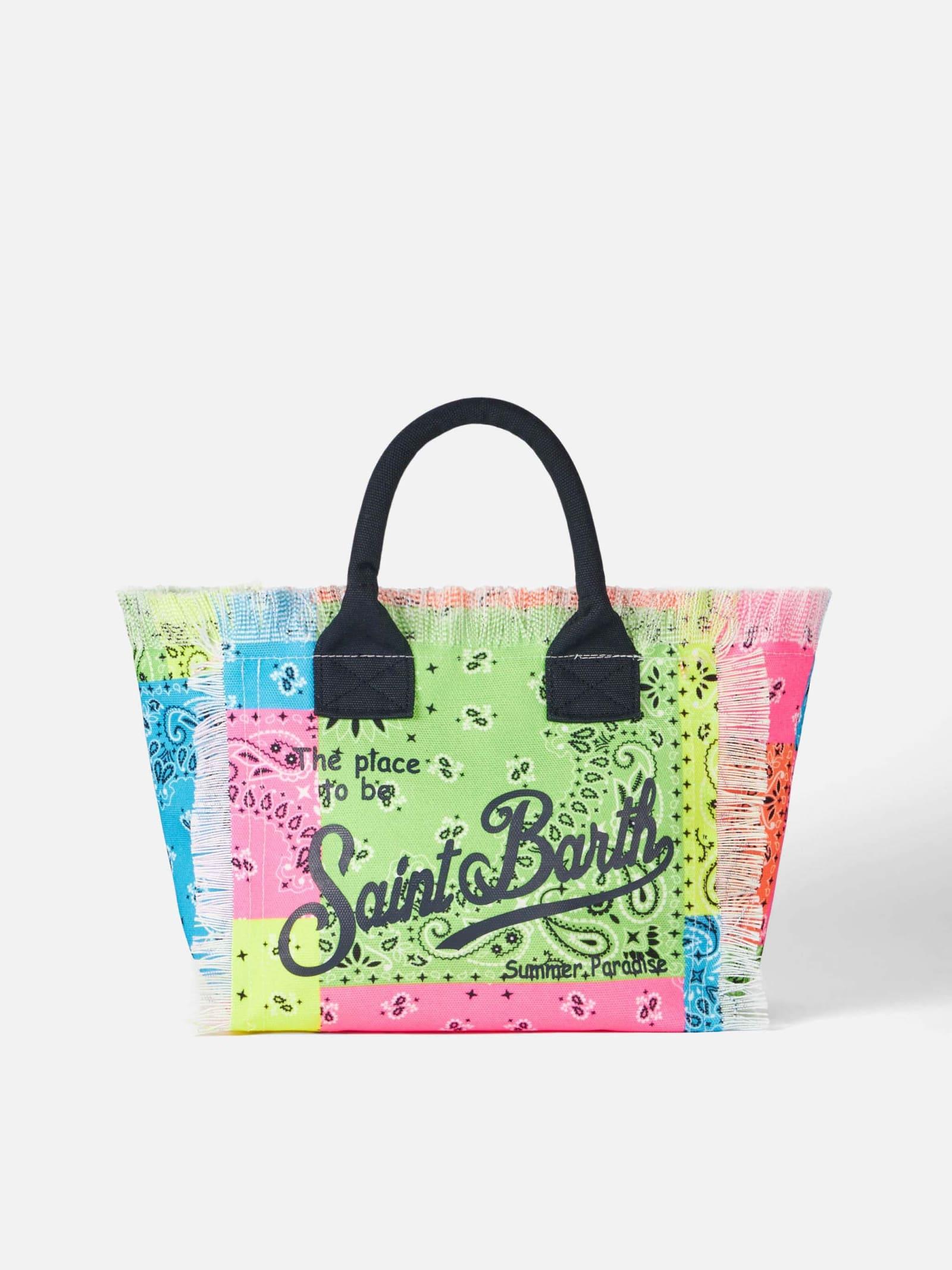 mc2 saint barth colette cotton canvas handbag with fluo bandanna print