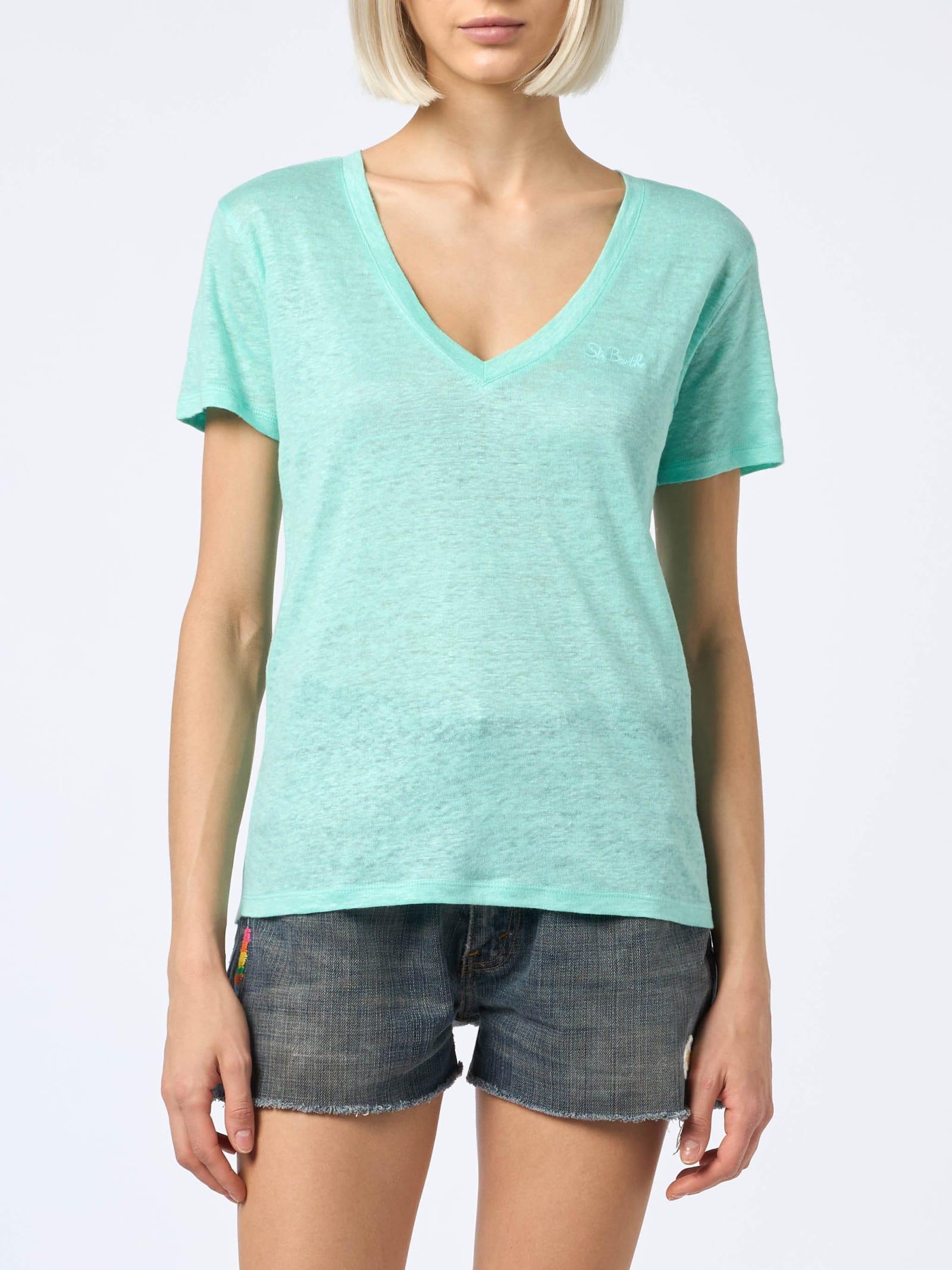 mc2 saint barth eloise sage green linen jersey t-shirt with embroidery