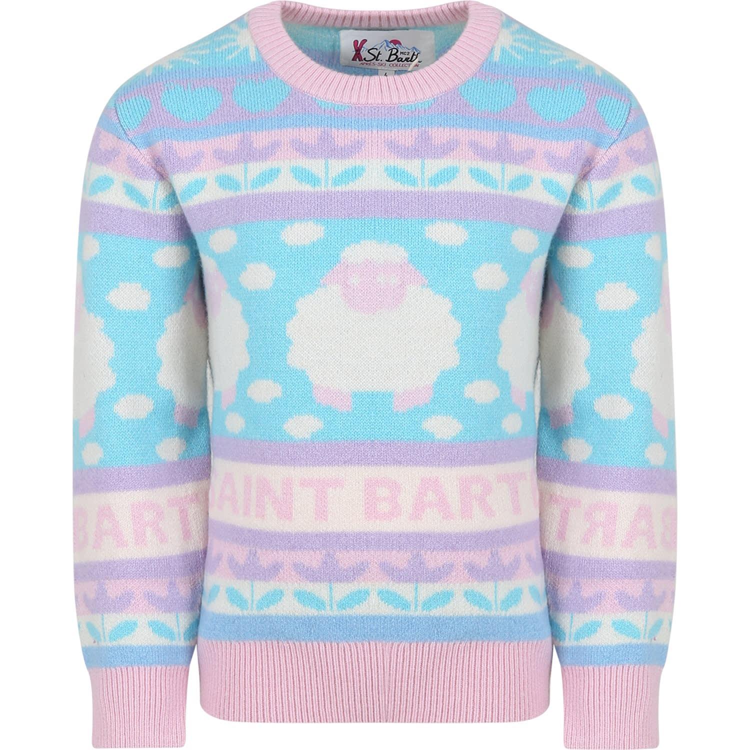 mc2 saint barth light blue sweater for girl with logo and jacqurd motif