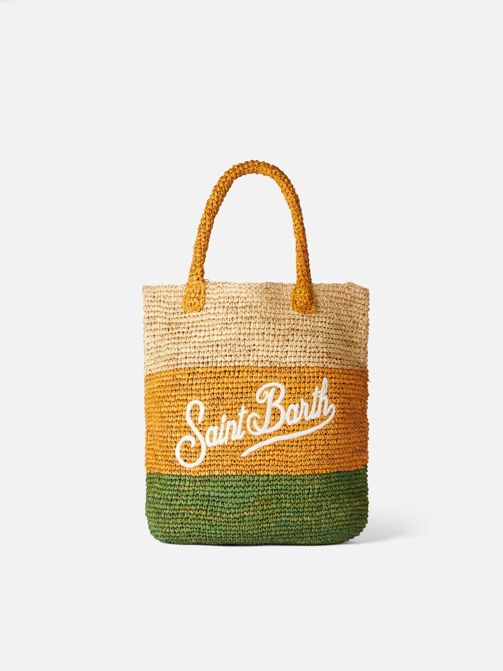 mc2 saint barth raffia bucket bag with multicolor stripes and embroidery