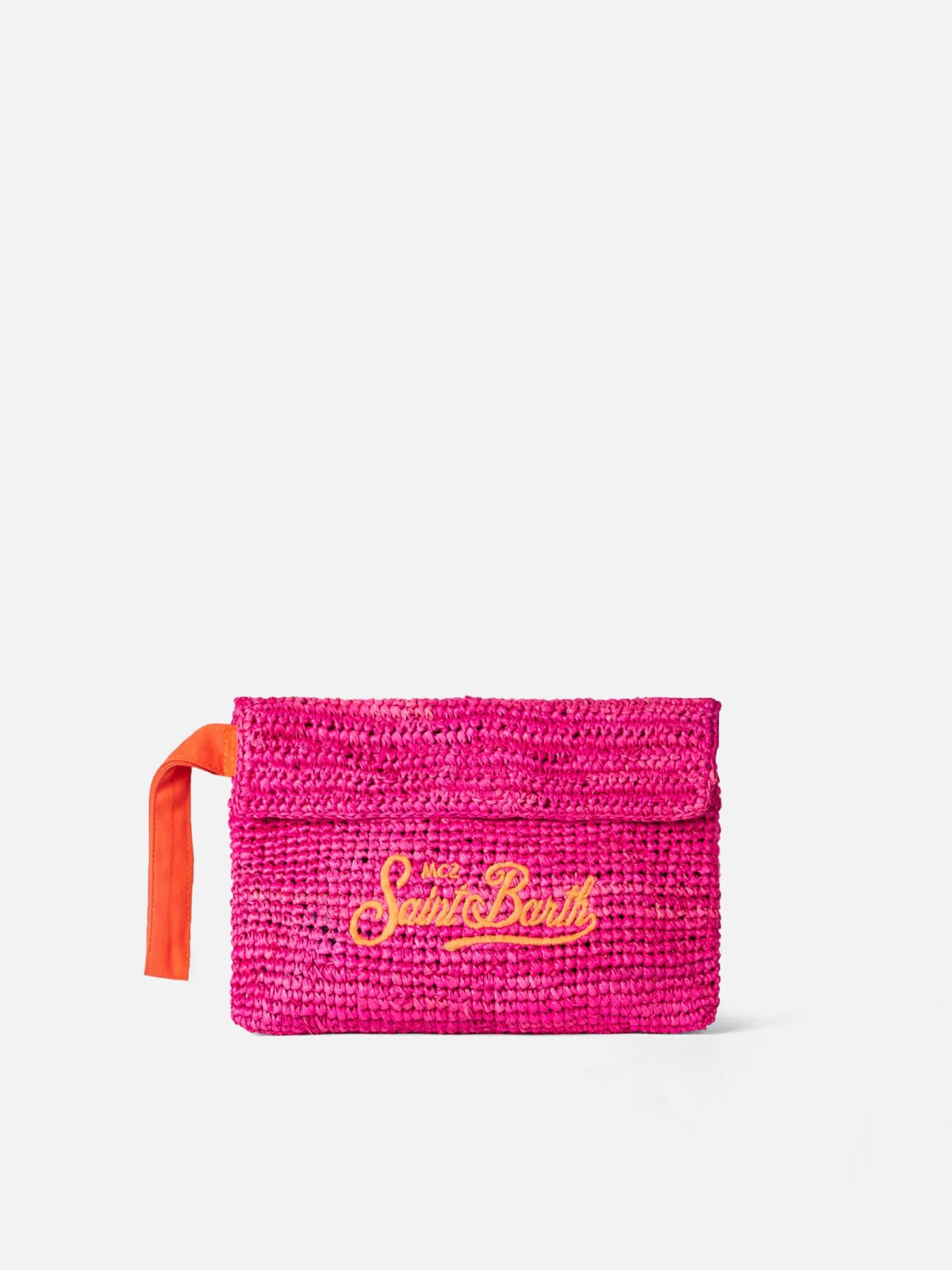 mc2 saint barth raffia fuchsia pouch bag with saint barth embroidery