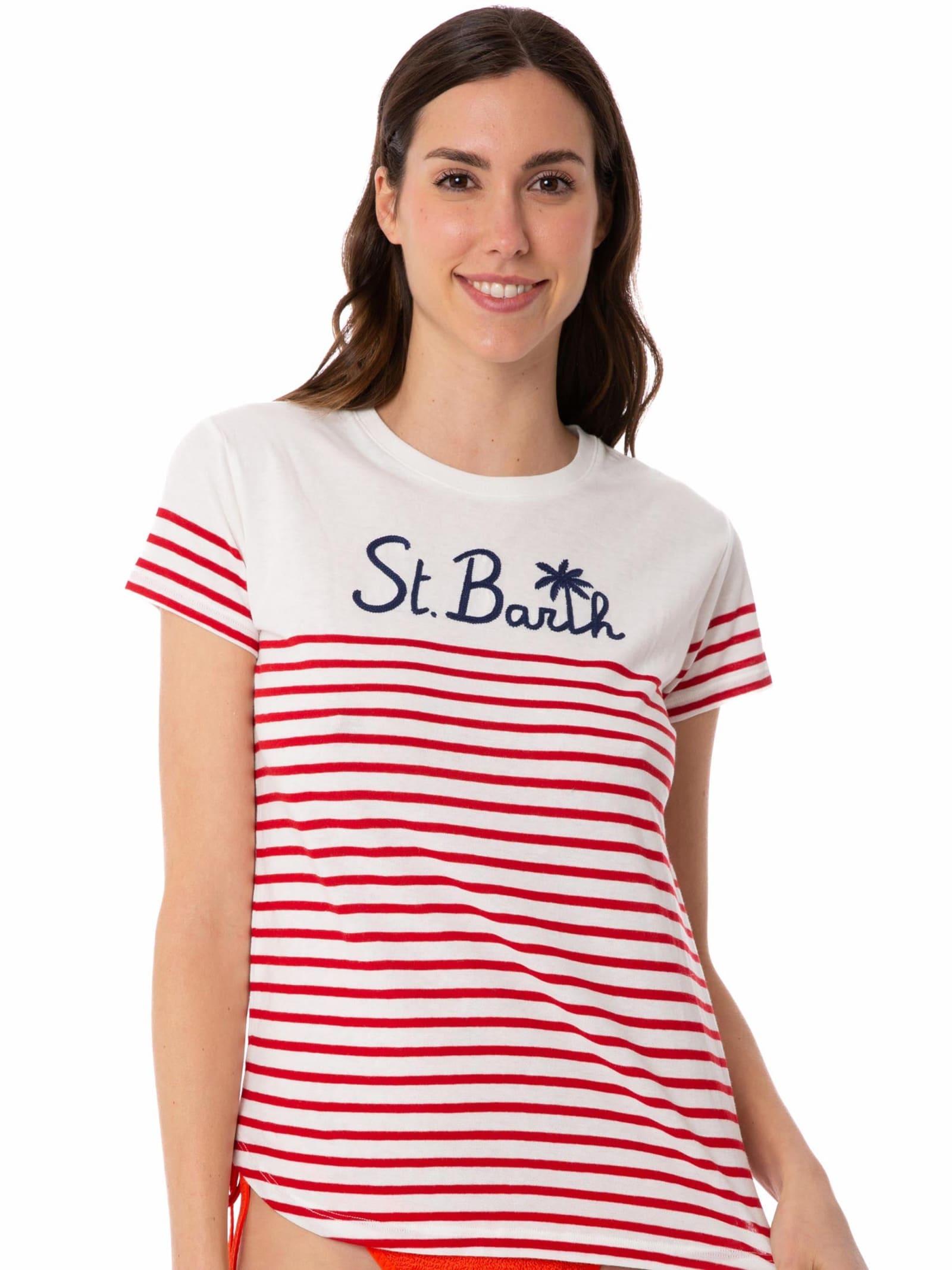mc2 saint barth red striped cotton t-shirt with st. barth embroidery