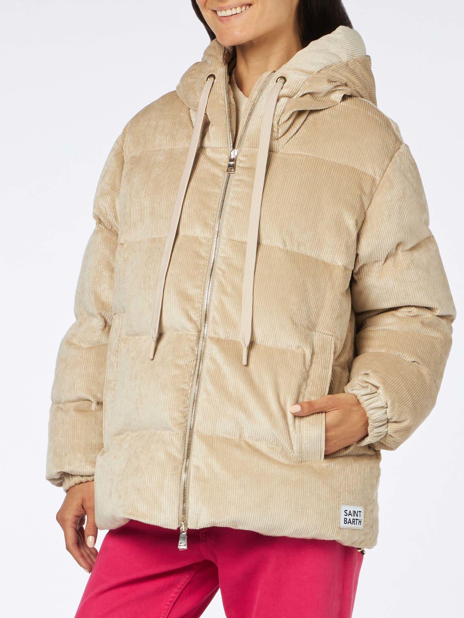 mc2 saint barth woman beige corduroy down padded jacket with hoodie