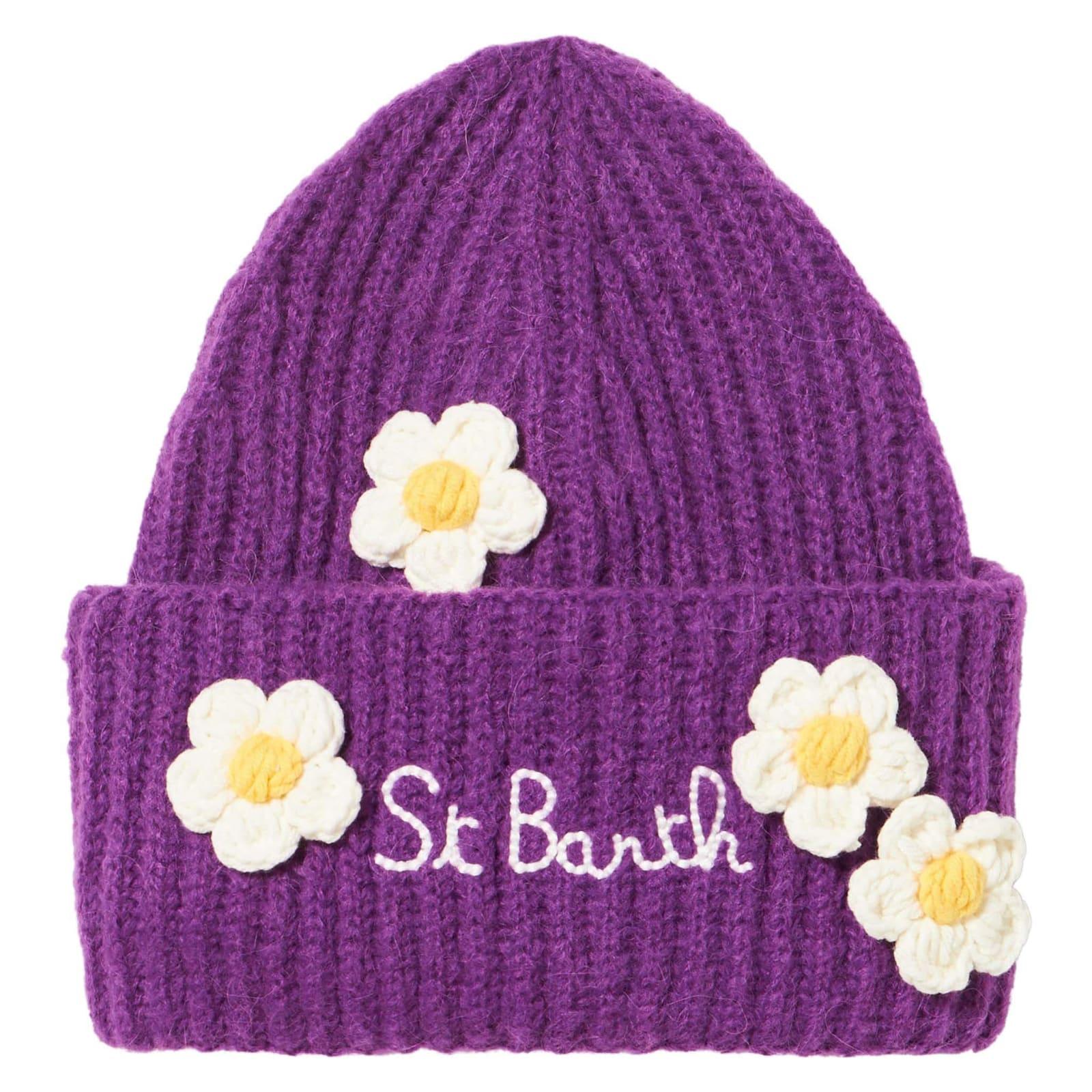 mc2 saint barth woman brushed and ultra soft beanie with daisies appliqués