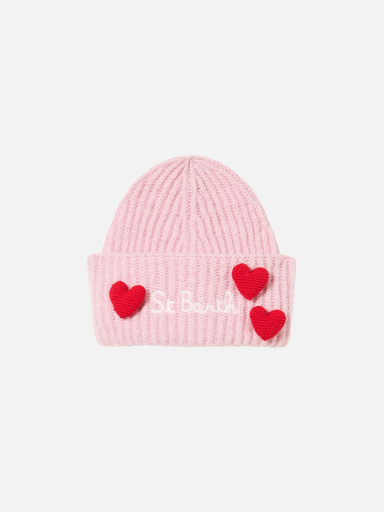 mc2 saint barth woman brushed and ultra soft beanie with hearts appliqués