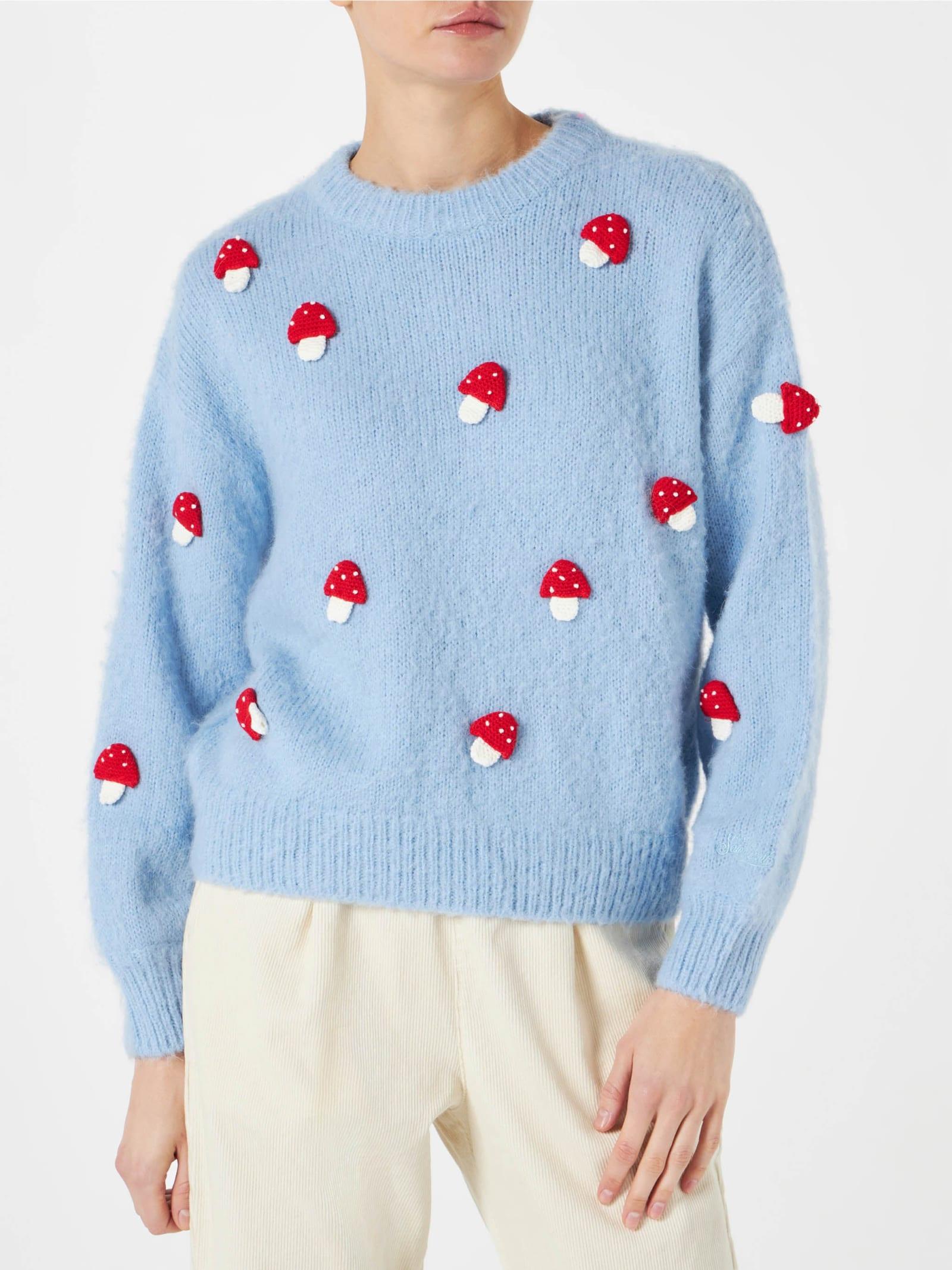 mc2 saint barth woman brushed crewneck sweater with mushroom appliqué
