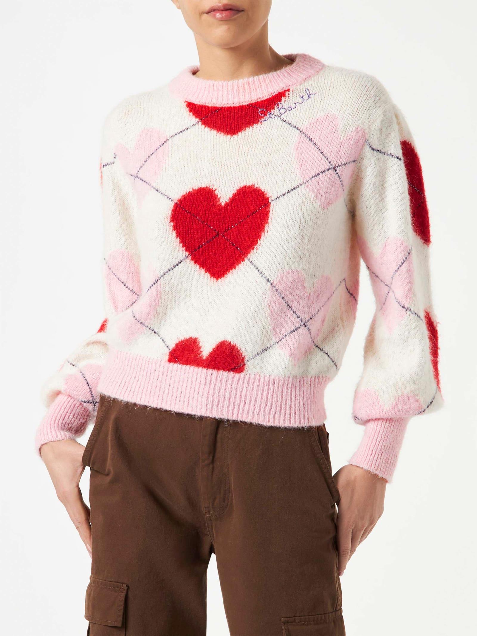 mc2 saint barth woman brushed striped sweater with heart pattern