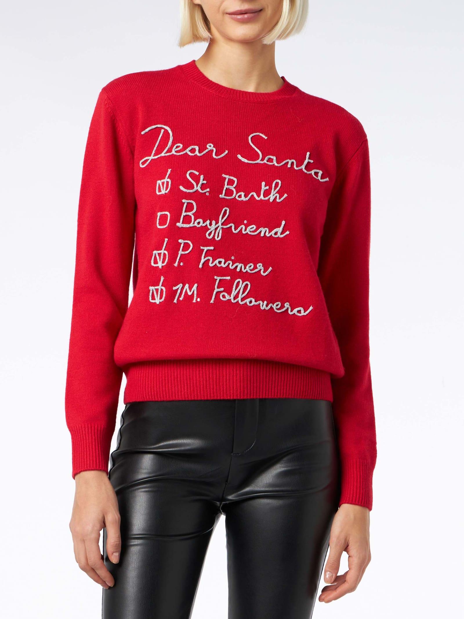 mc2 saint barth woman brushed sweater with dear santa list embroidery