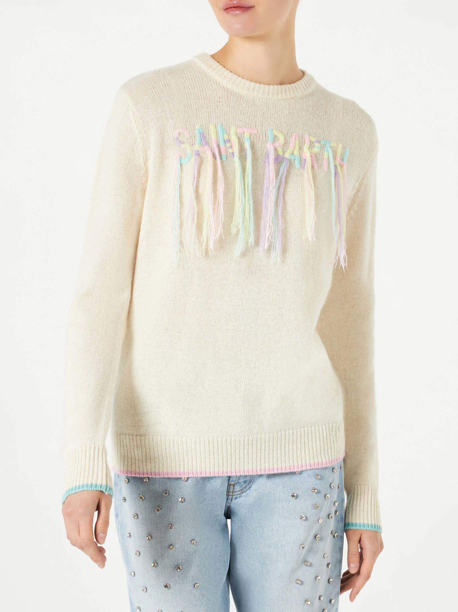 mc2 saint barth woman brushed sweater with saint barth fringed embroidery