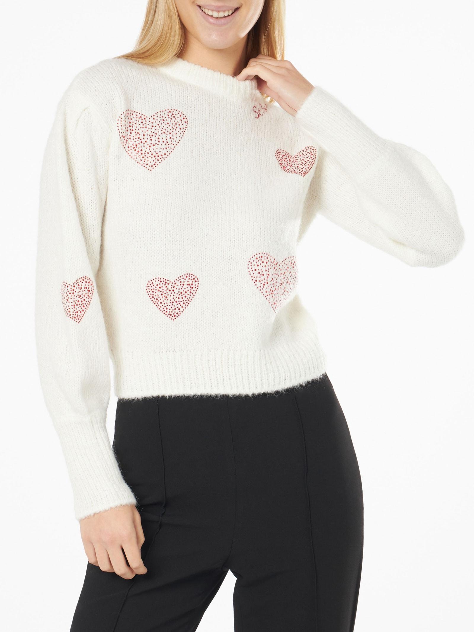 mc2 saint barth woman brushed white sweater with rhinestones hearts