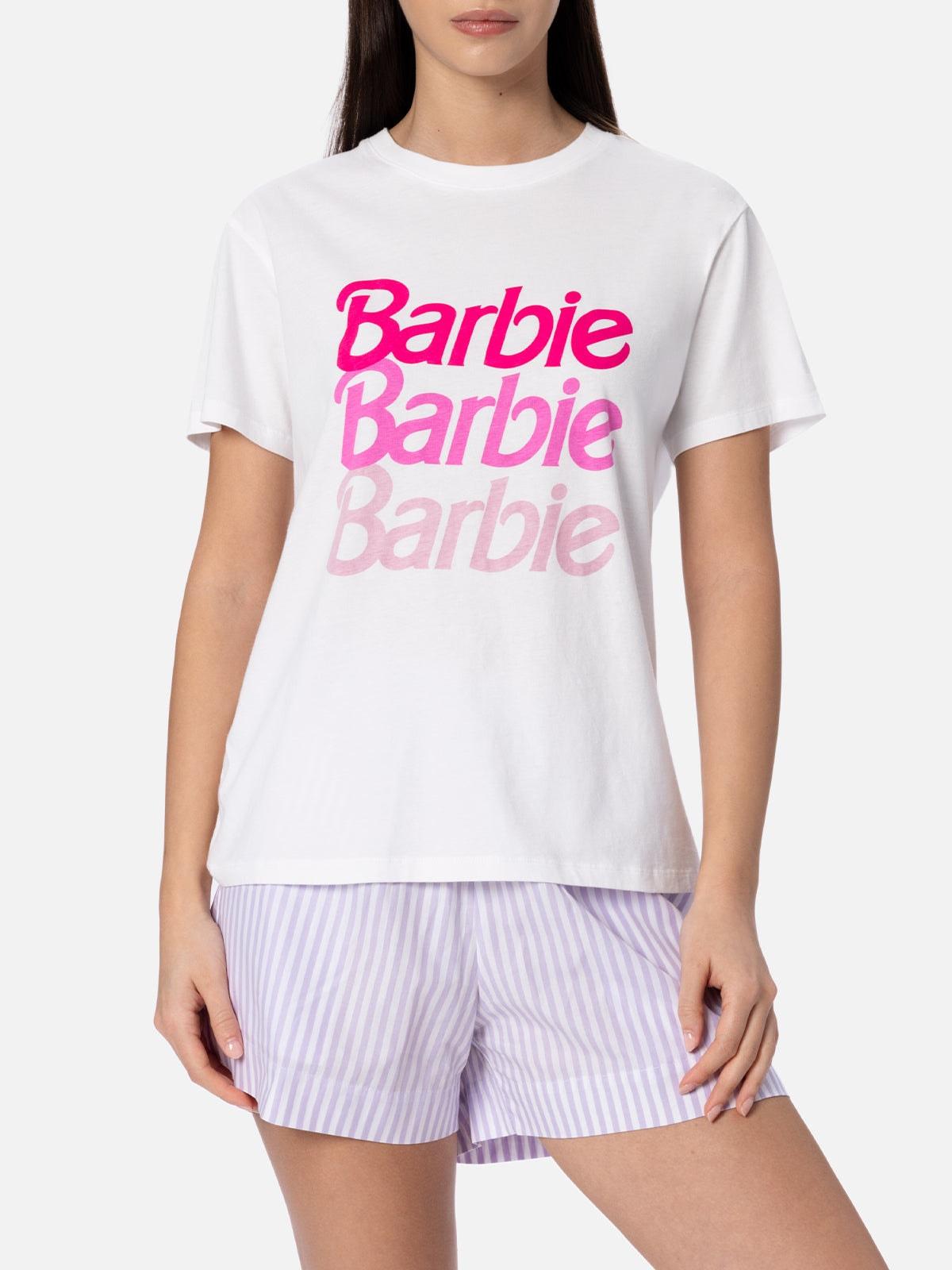 mc2 saint barth woman cotton jersey crewneck t-shirt emilie with barbie logo print barbie special edition