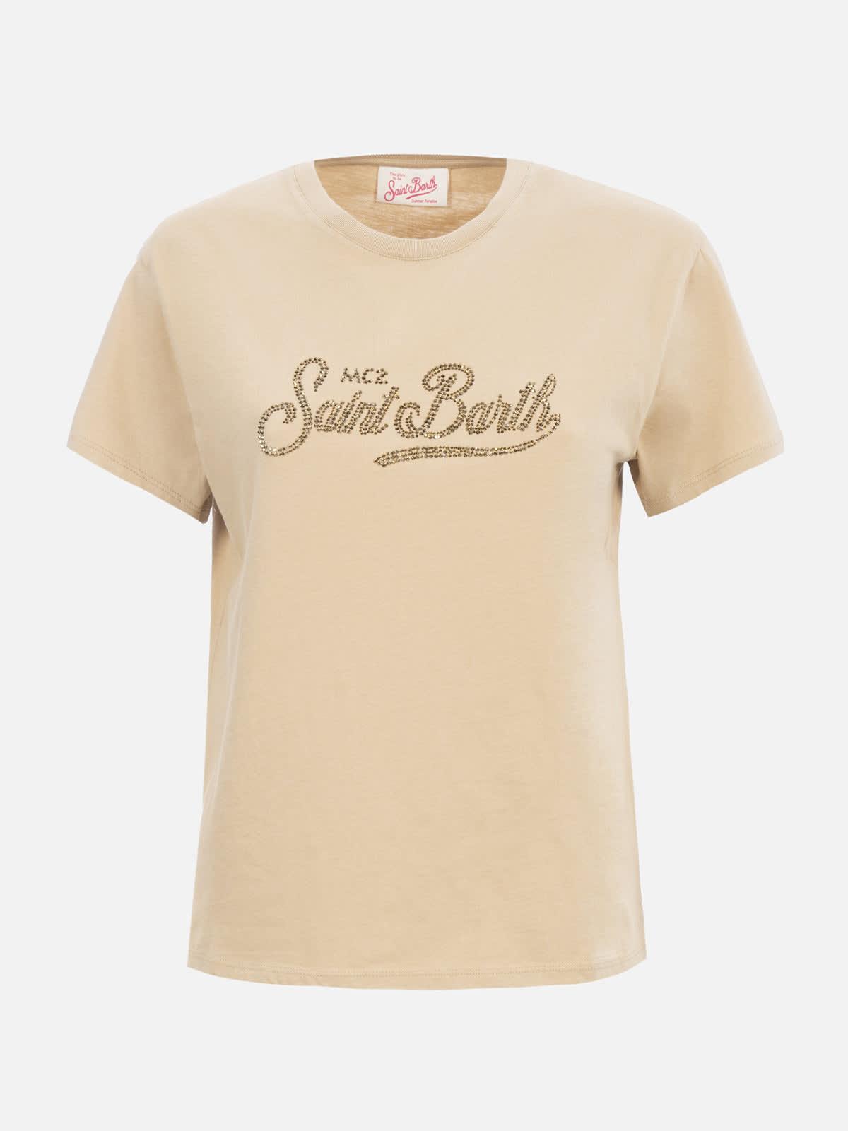 mc2 saint barth woman cotton jersey crewneck t-shirt emilie with saint barth rhinestones embroidery