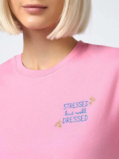 mc2 saint barth woman cotton jersey crewneck t-shirt emilie with stressed but well dressed embroidery