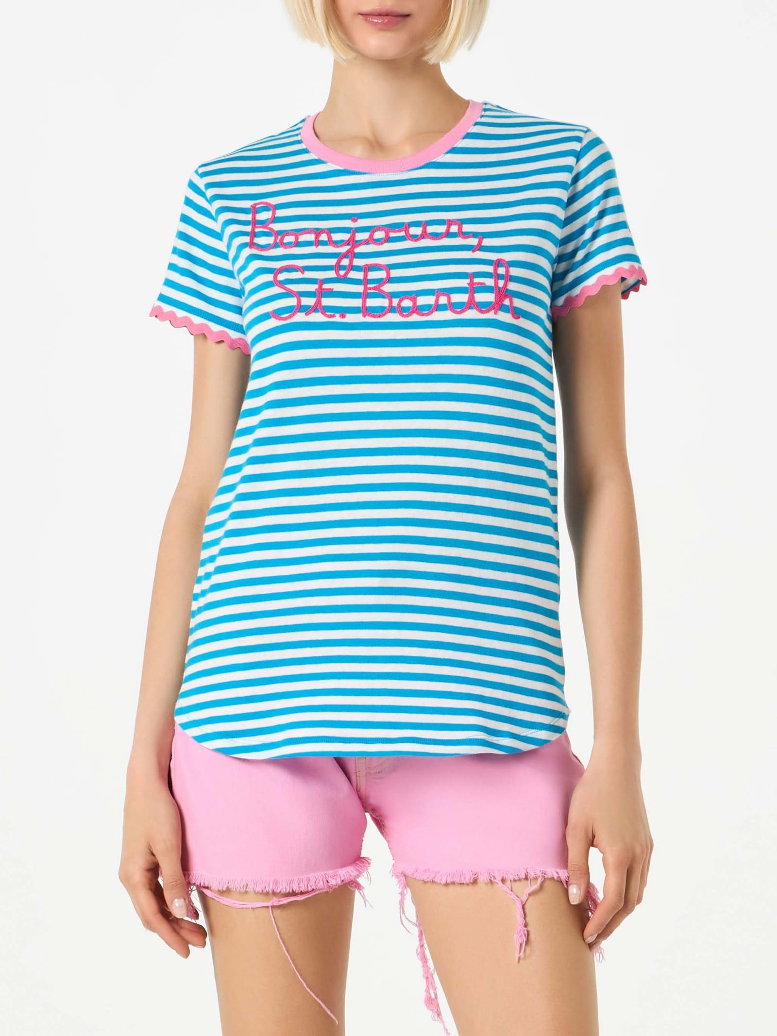 mc2 saint barth woman cotton t-shirt with bonjour st. barth embroidery