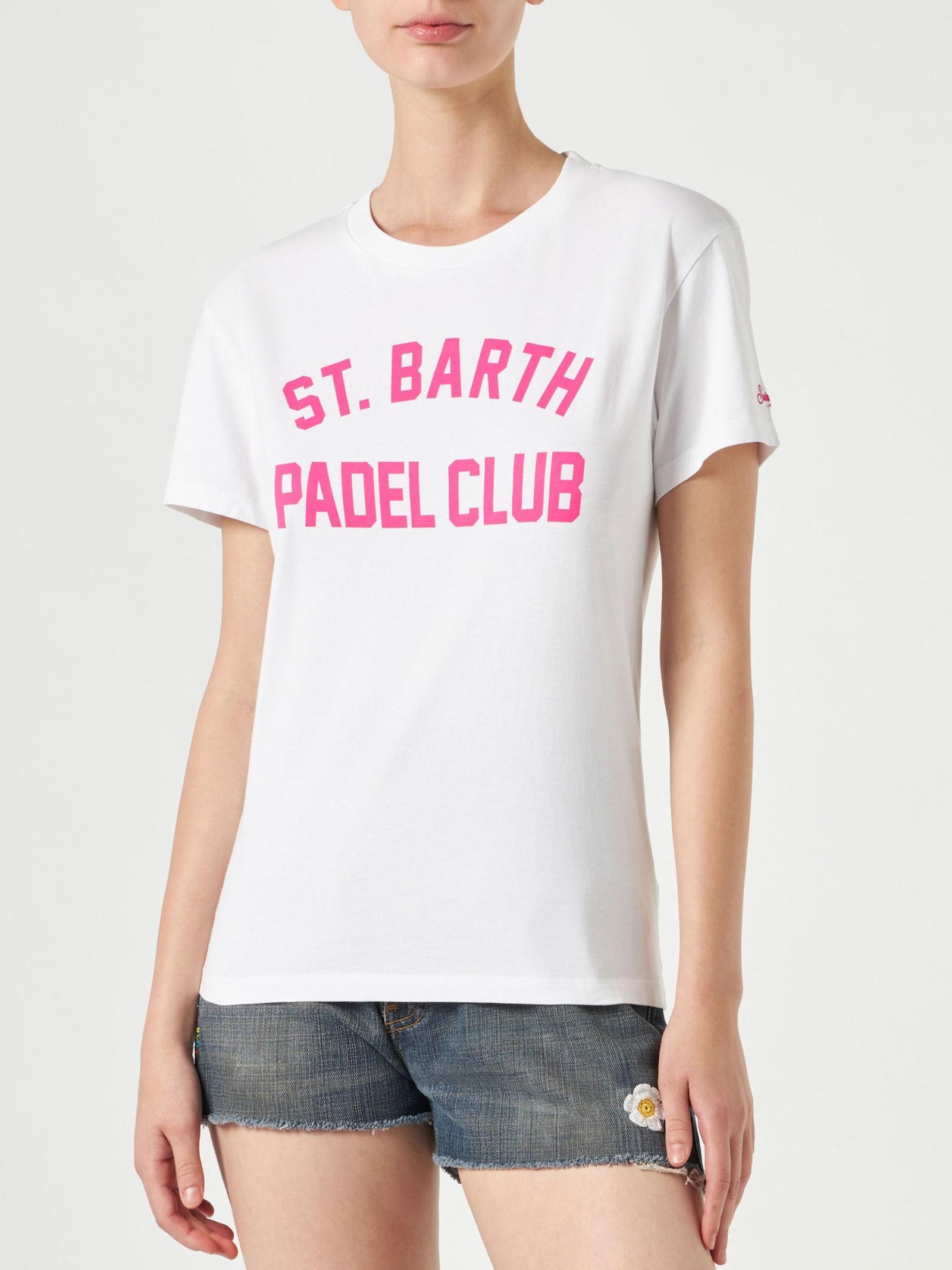 mc2 saint barth woman cotton t-shirt with st. barth padel club print
