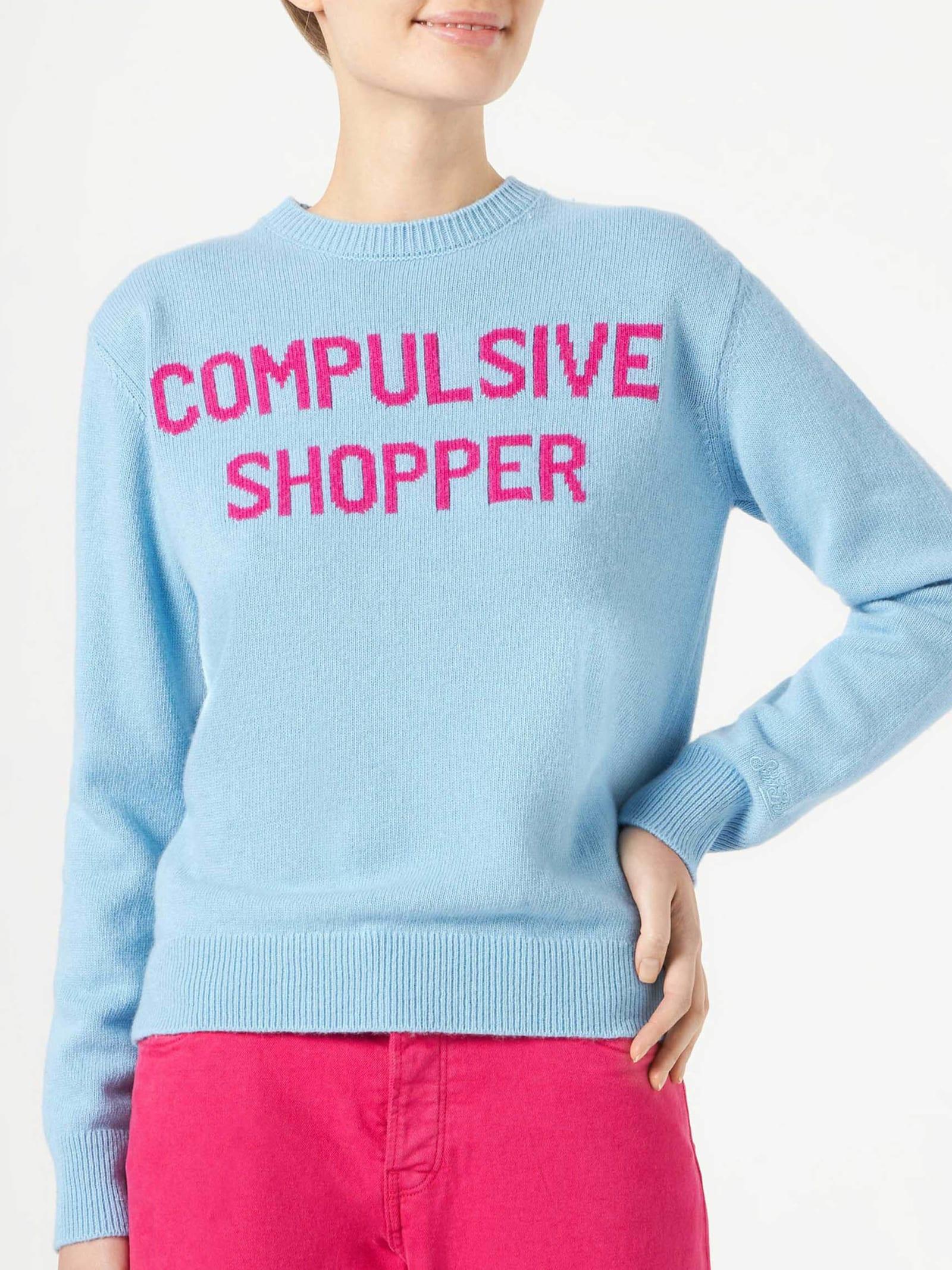 mc2 saint barth woman crewneck light blue sweater with compulsive shopper jacquard