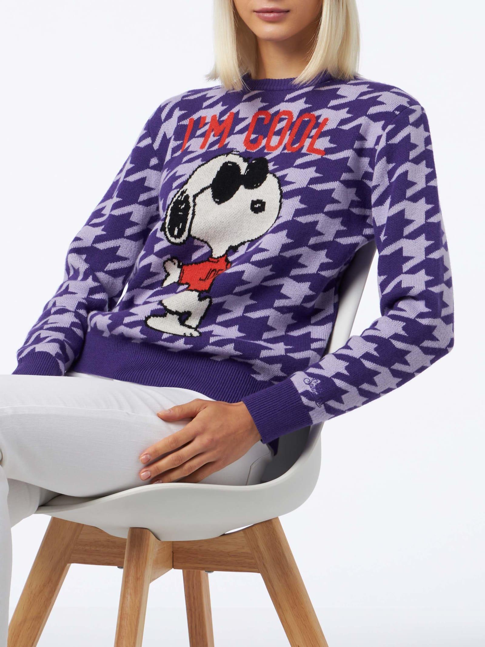 mc2 saint barth woman crewneck pied de poule sweater with snoopy jacquard snoopy peanuts special edition