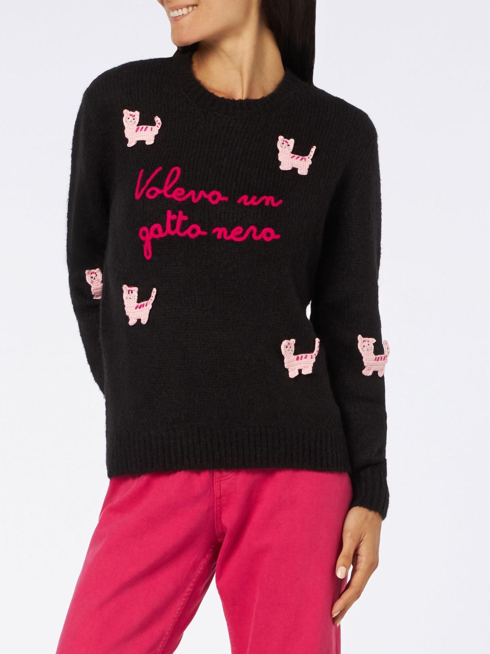 mc2 saint barth woman crewneck soft sweater with cats crochet patch and volevo un gatto nero embroidery