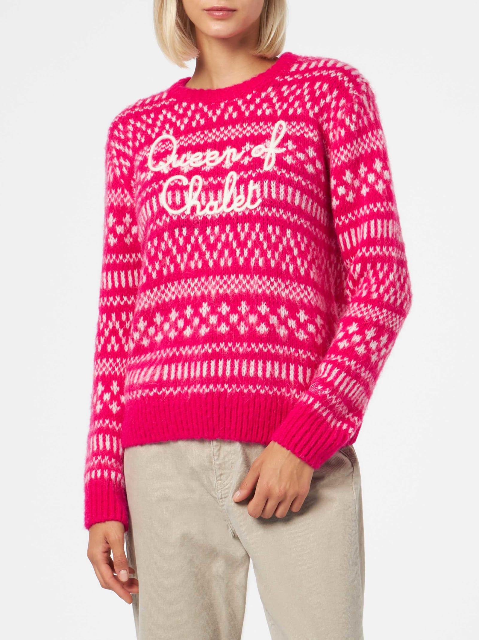 mc2 saint barth woman crewneck soft sweater with fair isle print and queen of chalet embroidery